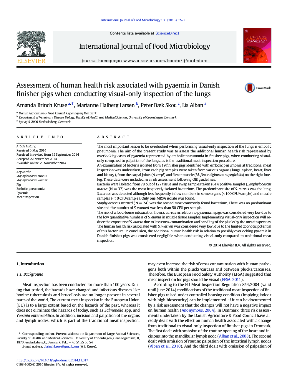 Assessment of human health risk associated with pyaemia in Danish finisher pigs when conducting visual-only inspection of the lungs