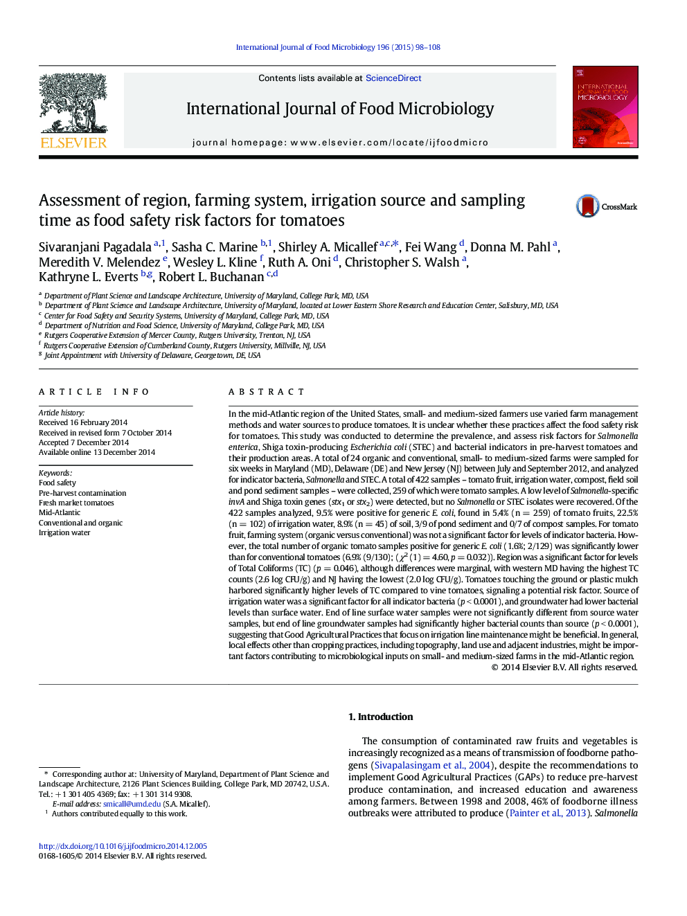 Assessment of region, farming system, irrigation source and sampling time as food safety risk factors for tomatoes