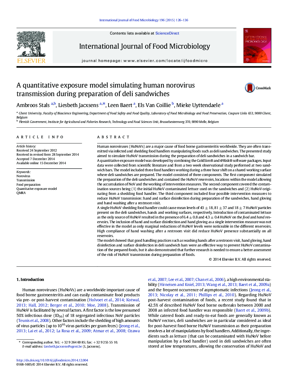 A quantitative exposure model simulating human norovirus transmission during preparation of deli sandwiches