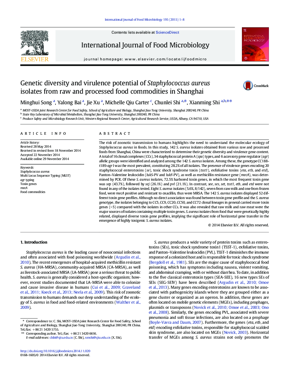 Genetic diversity and virulence potential of Staphylococcus aureus isolates from raw and processed food commodities in Shanghai