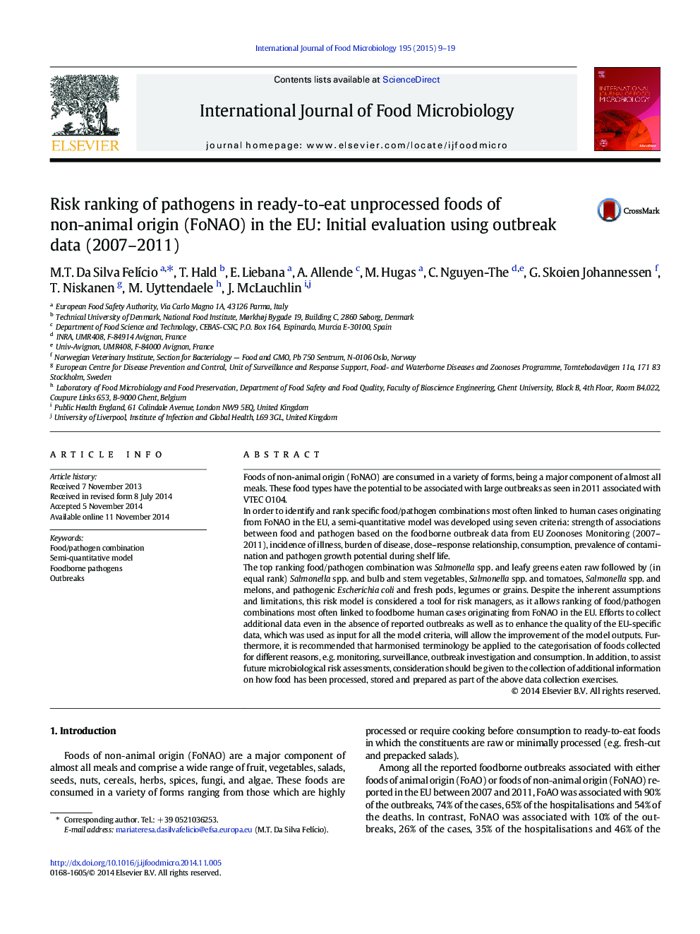 Risk ranking of pathogens in ready-to-eat unprocessed foods of non-animal origin (FoNAO) in the EU: Initial evaluation using outbreak data (2007–2011)