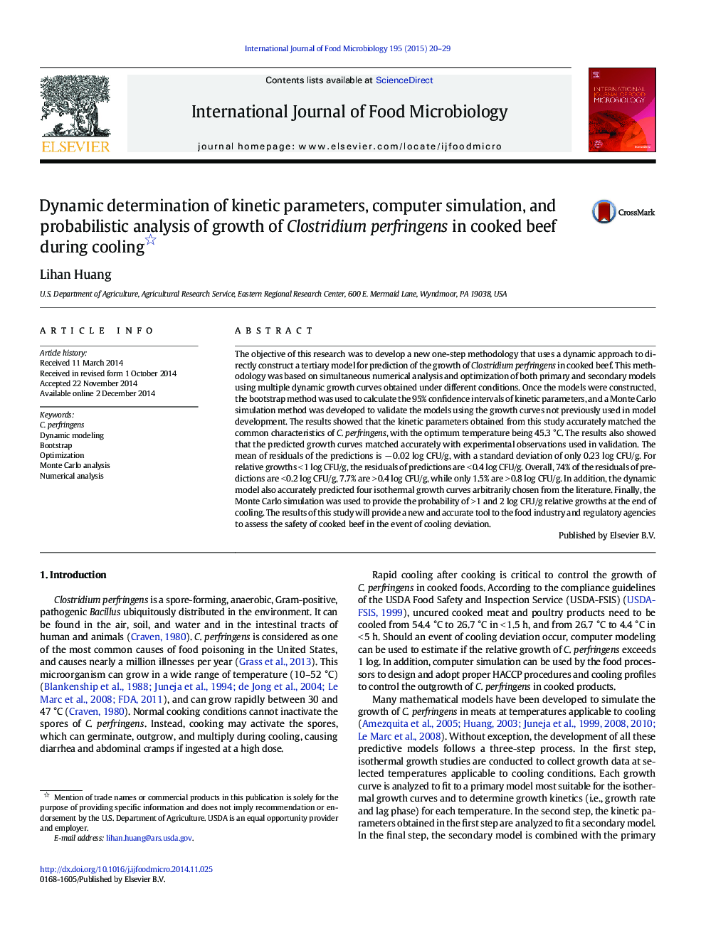 Dynamic determination of kinetic parameters, computer simulation, and probabilistic analysis of growth of Clostridium perfringens in cooked beef during cooling