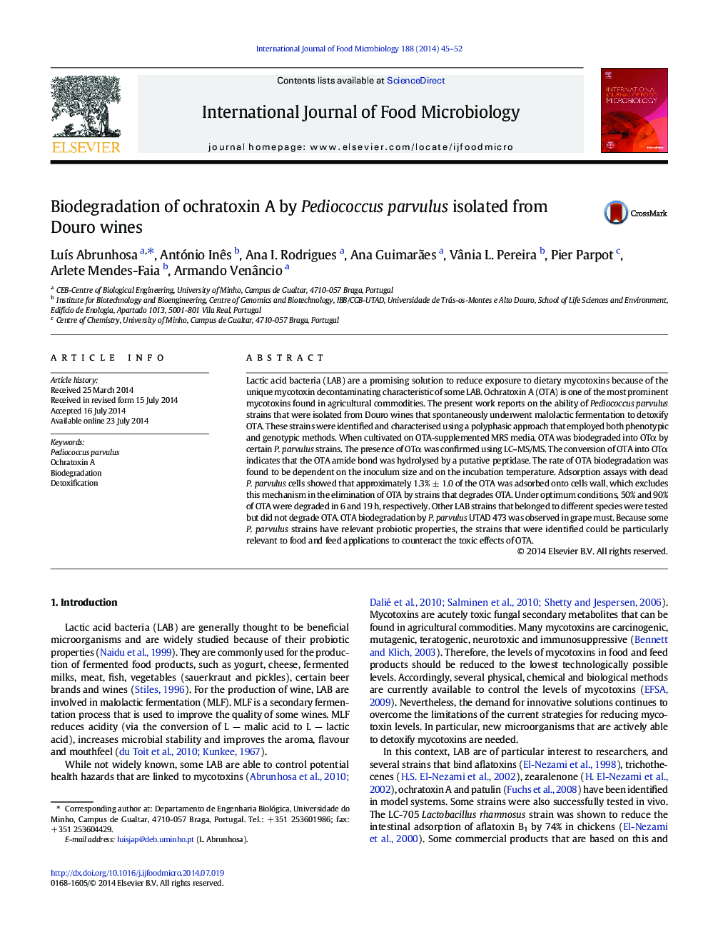 Biodegradation of ochratoxin A by Pediococcus parvulus isolated from Douro wines