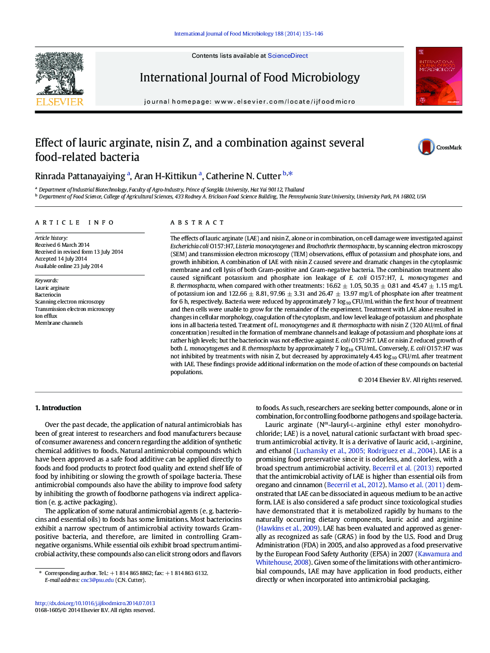 Effect of lauric arginate, nisin Z, and a combination against several food-related bacteria