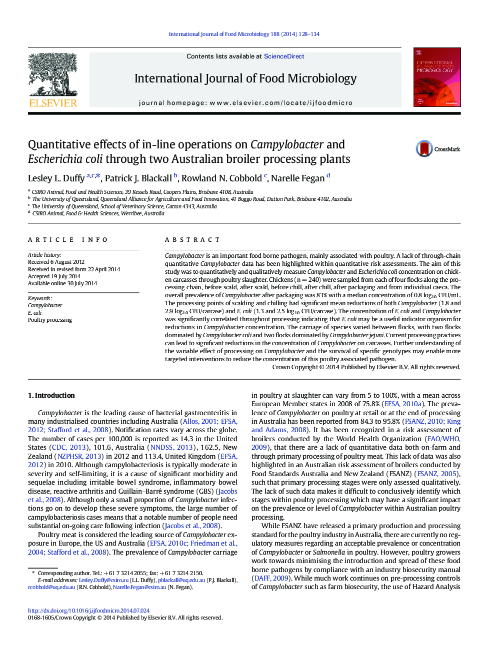 Quantitative effects of in-line operations on Campylobacter and Escherichia coli through two Australian broiler processing plants