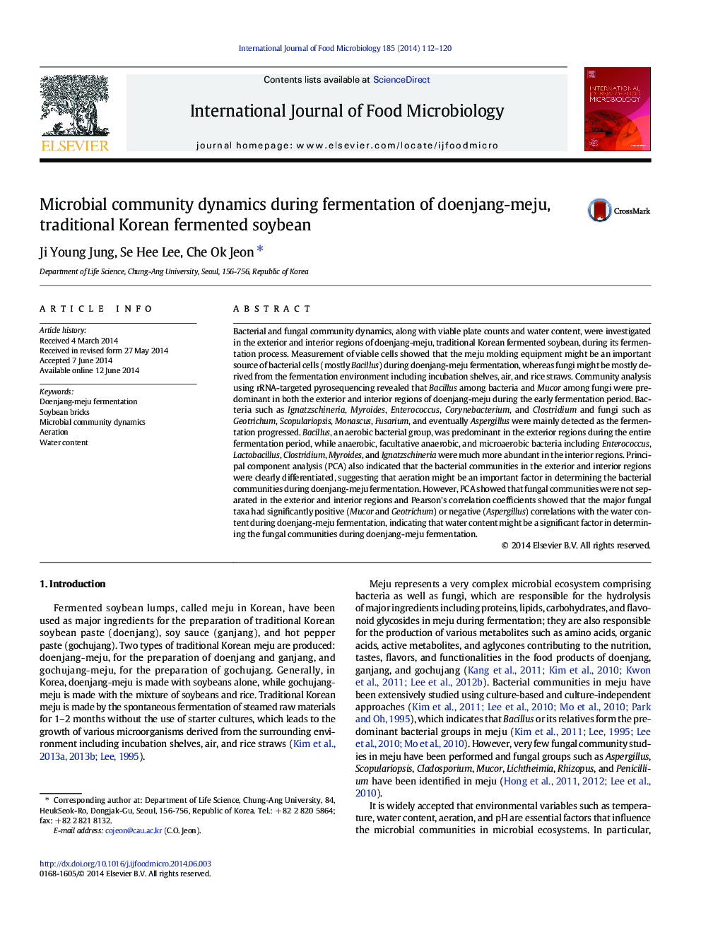 Microbial community dynamics during fermentation of doenjang-meju, traditional Korean fermented soybean