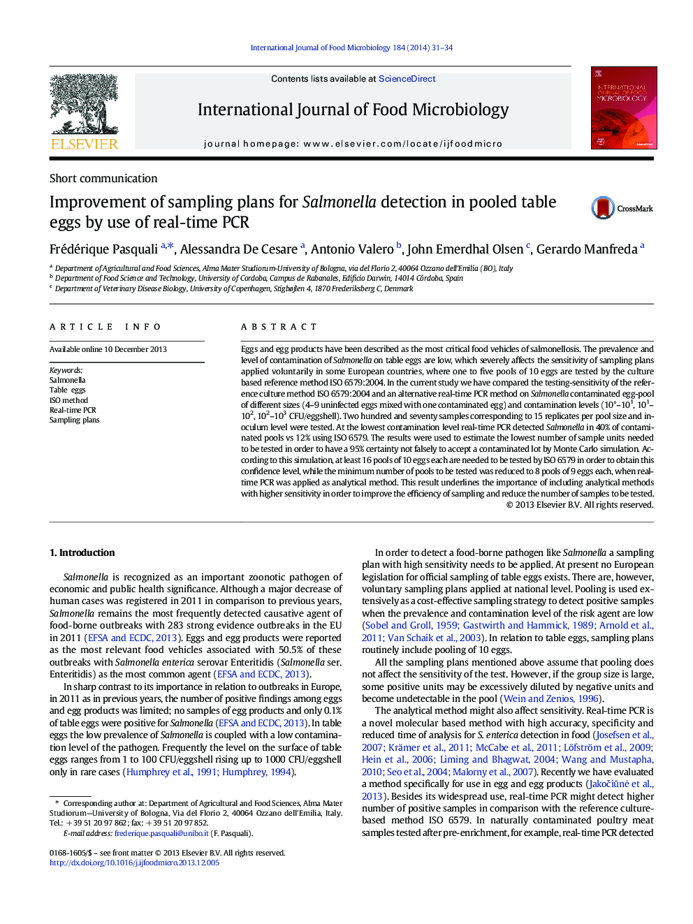 Improvement of sampling plans for Salmonella detection in pooled table eggs by use of real-time PCR