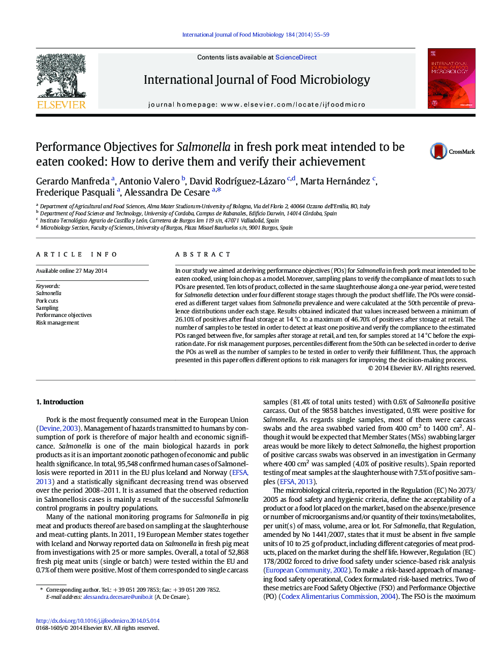 Performance Objectives for Salmonella in fresh pork meat intended to be eaten cooked: How to derive them and verify their achievement