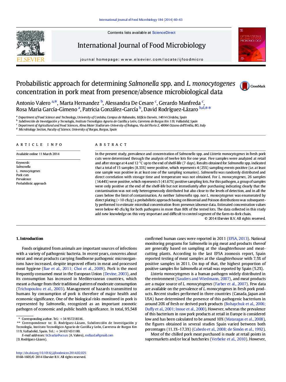 Probabilistic approach for determining Salmonella spp. and L. monocytogenes concentration in pork meat from presence/absence microbiological data