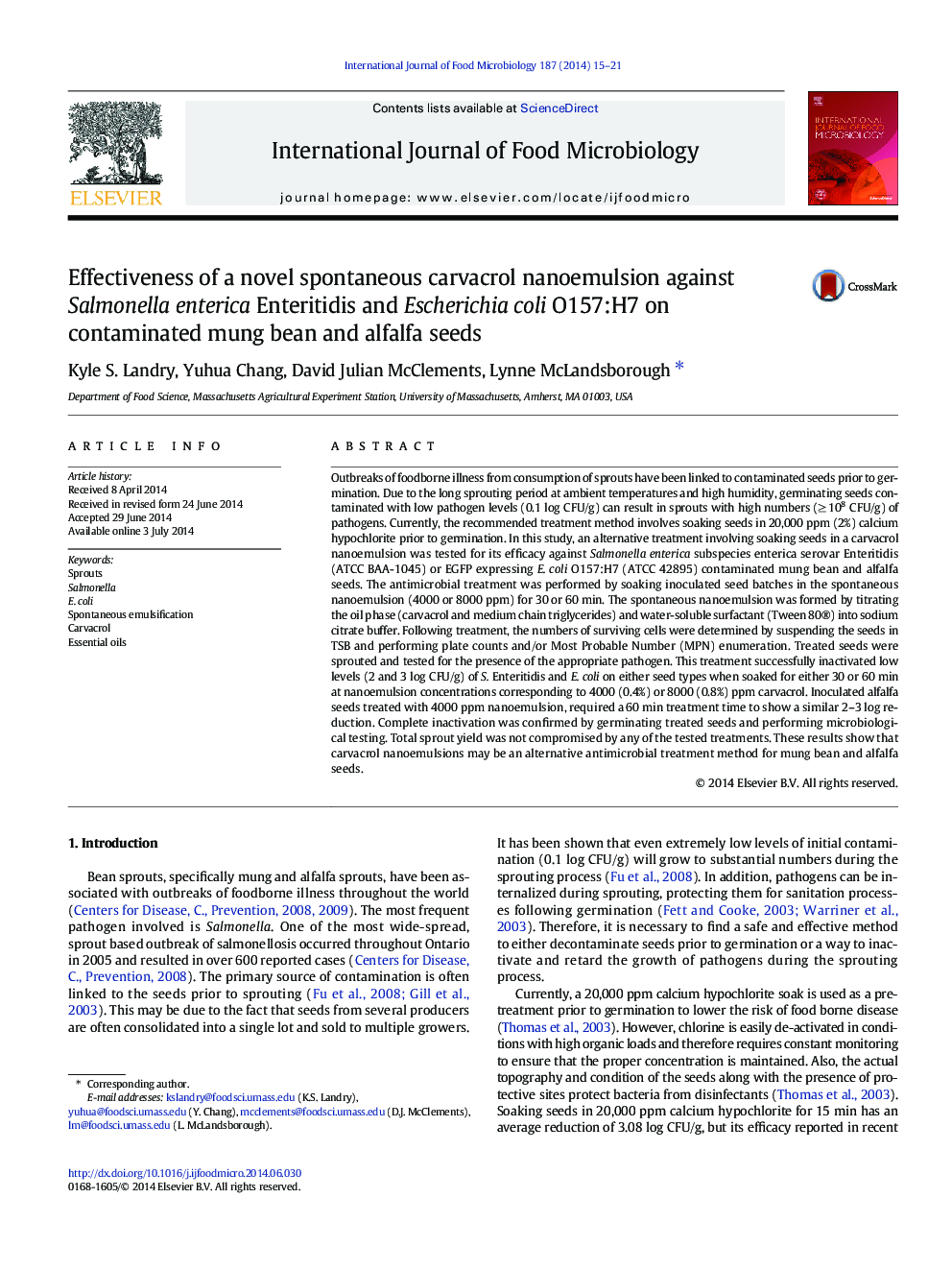 Effectiveness of a novel spontaneous carvacrol nanoemulsion against Salmonella enterica Enteritidis and Escherichia coli O157:H7 on contaminated mung bean and alfalfa seeds