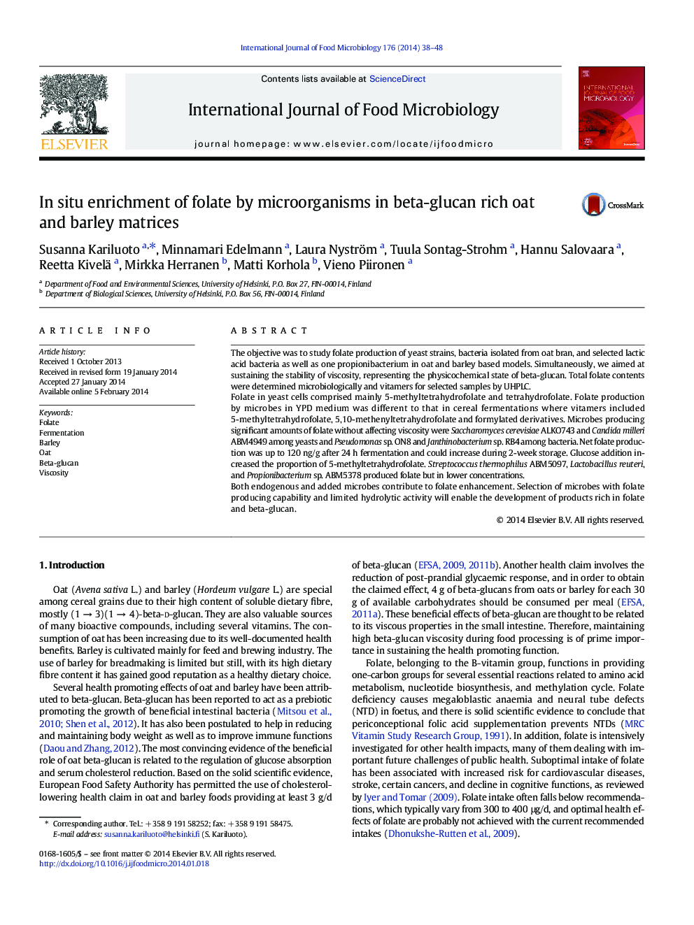 In situ enrichment of folate by microorganisms in beta-glucan rich oat and barley matrices