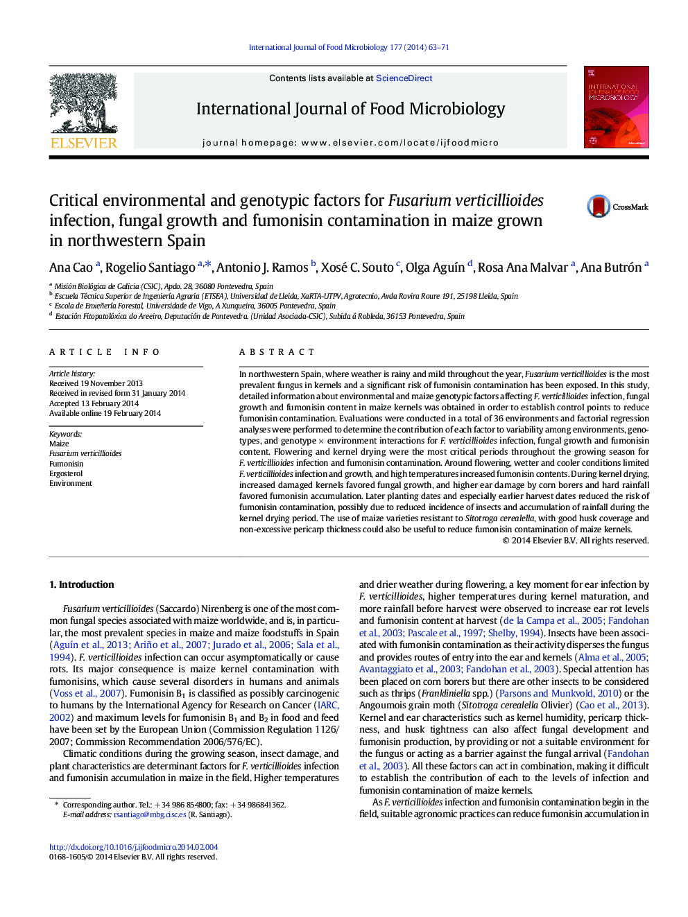 Critical environmental and genotypic factors for Fusarium verticillioides infection, fungal growth and fumonisin contamination in maize grown in northwestern Spain