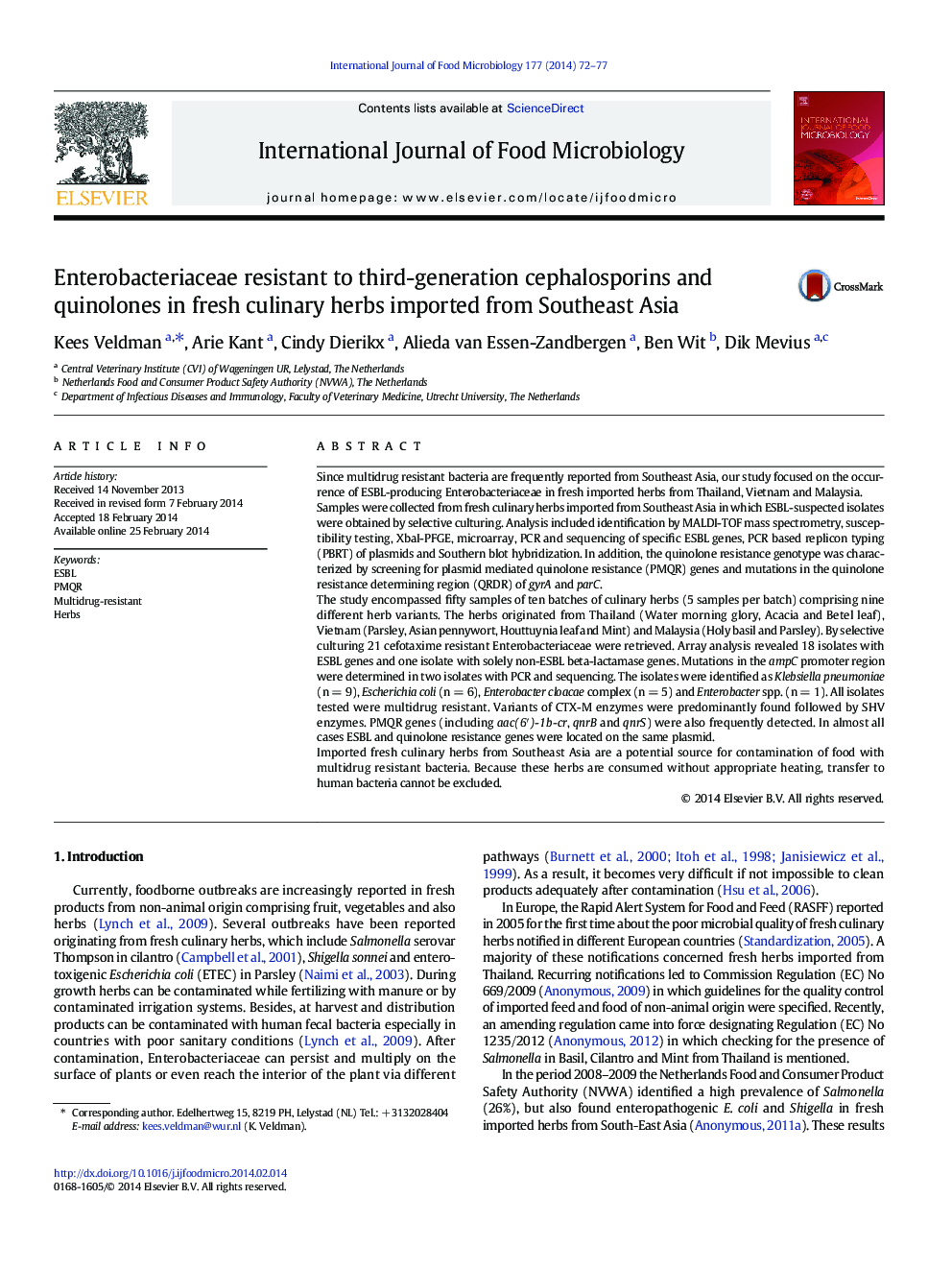 Enterobacteriaceae resistant to third-generation cephalosporins and quinolones in fresh culinary herbs imported from Southeast Asia