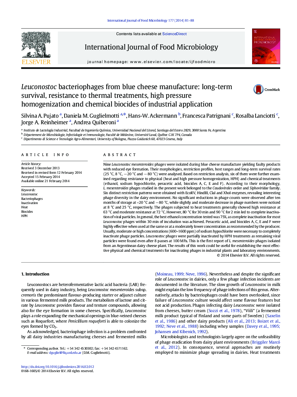 Leuconostoc bacteriophages from blue cheese manufacture: long-term survival, resistance to thermal treatments, high pressure homogenization and chemical biocides of industrial application