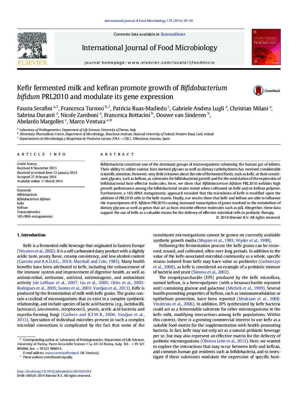 Kefir fermented milk and kefiran promote growth of Bifidobacterium bifidum PRL2010 and modulate its gene expression