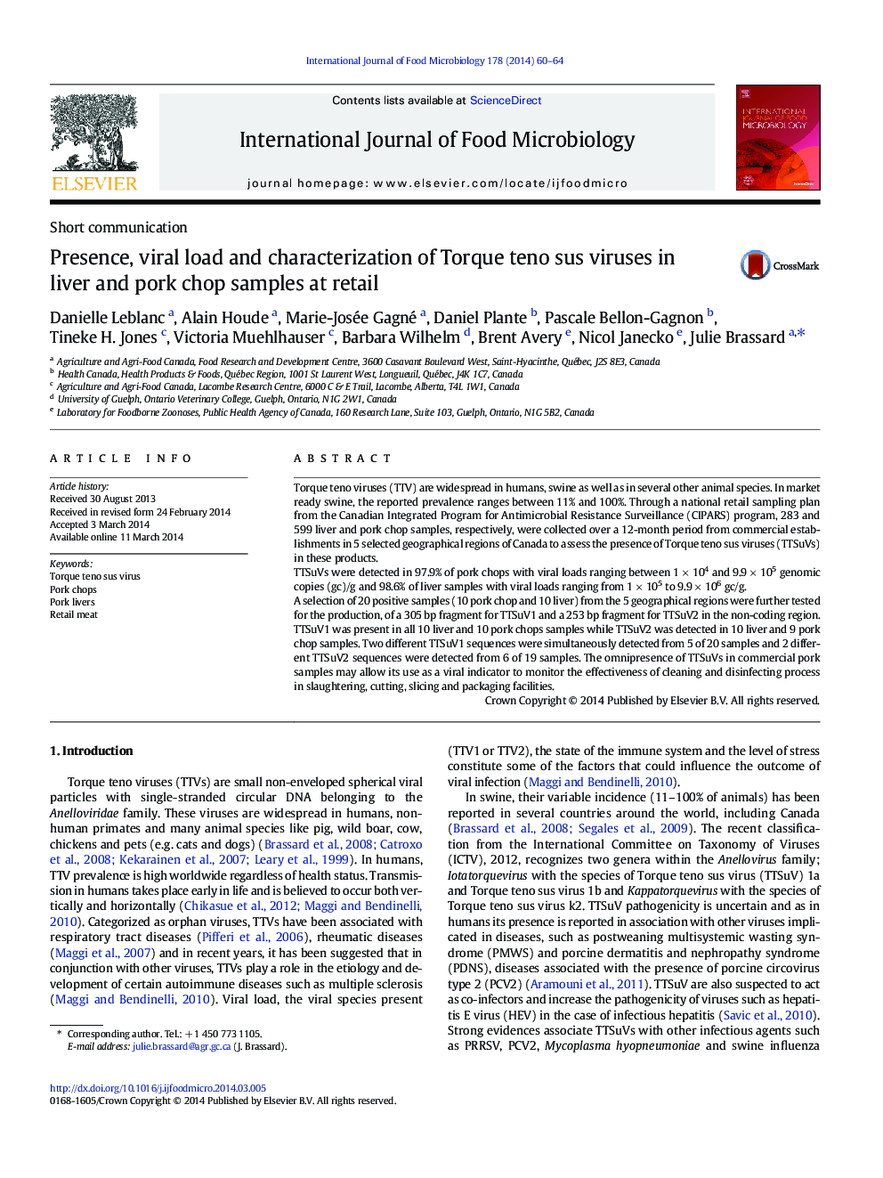 Presence, viral load and characterization of Torque teno sus viruses in liver and pork chop samples at retail