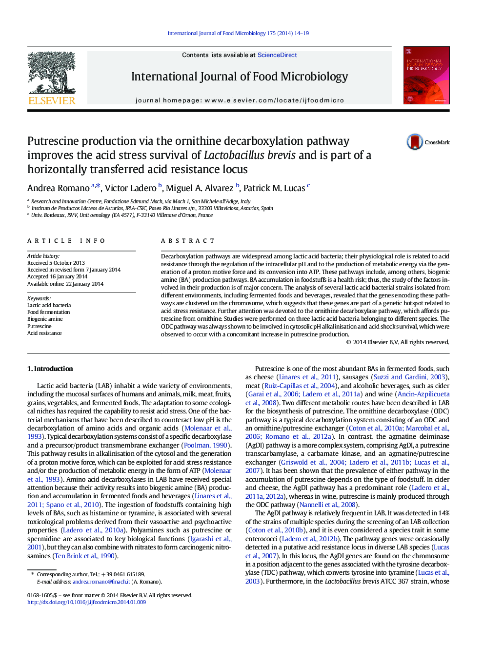 Putrescine production via the ornithine decarboxylation pathway improves the acid stress survival of Lactobacillus brevis and is part of a horizontally transferred acid resistance locus