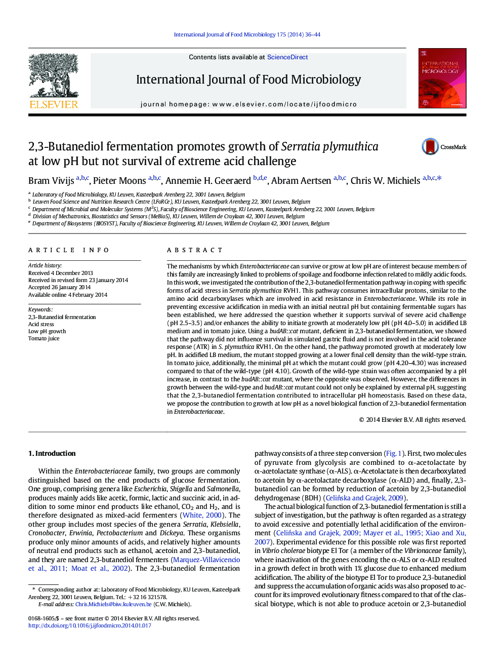 2,3-Butanediol fermentation promotes growth of Serratia plymuthica at low pH but not survival of extreme acid challenge