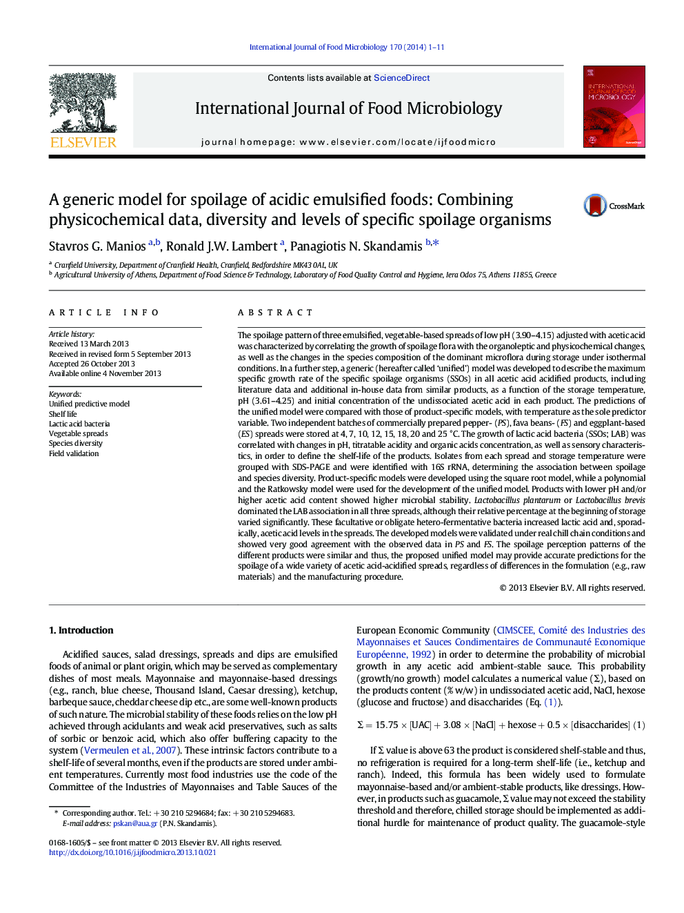 A generic model for spoilage of acidic emulsified foods: Combining physicochemical data, diversity and levels of specific spoilage organisms