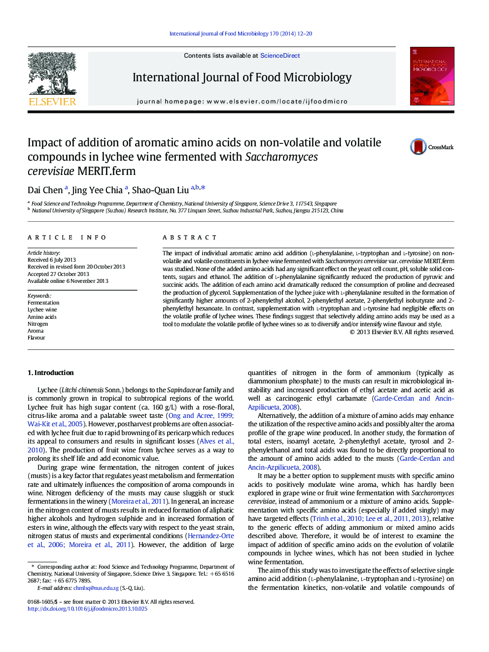 Impact of addition of aromatic amino acids on non-volatile and volatile compounds in lychee wine fermented with Saccharomyces cerevisiae MERIT.ferm