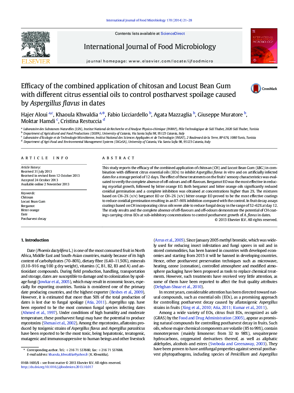 Efficacy of the combined application of chitosan and Locust Bean Gum with different citrus essential oils to control postharvest spoilage caused by Aspergillus flavus in dates