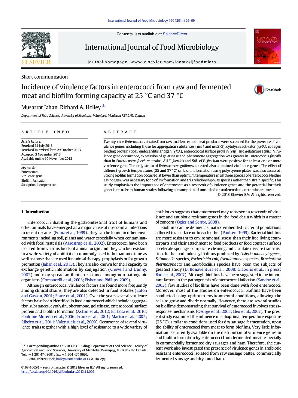 Incidence of virulence factors in enterococci from raw and fermented meat and biofilm forming capacity at 25 °C and 37 °C