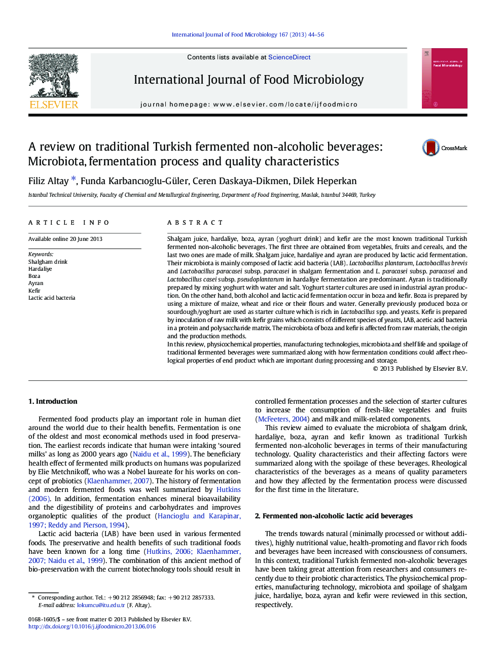 A review on traditional Turkish fermented non-alcoholic beverages: Microbiota, fermentation process and quality characteristics