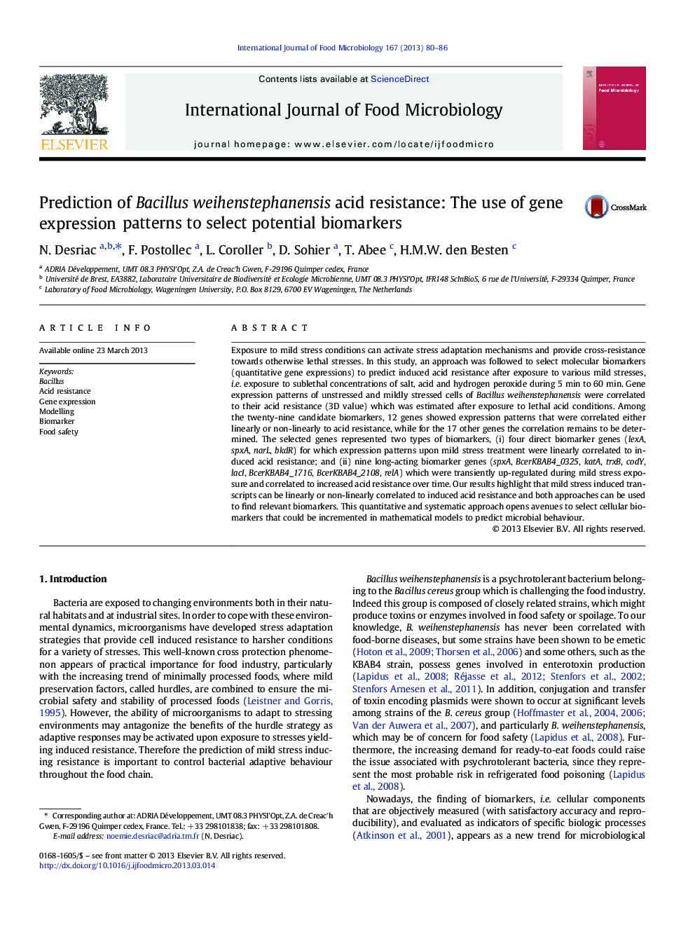 Prediction of Bacillus weihenstephanensis acid resistance: The use of gene expression patterns to select potential biomarkers