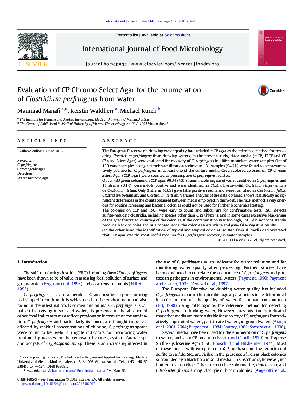 Evaluation of CP Chromo Select Agar for the enumeration of Clostridium perfringens from water