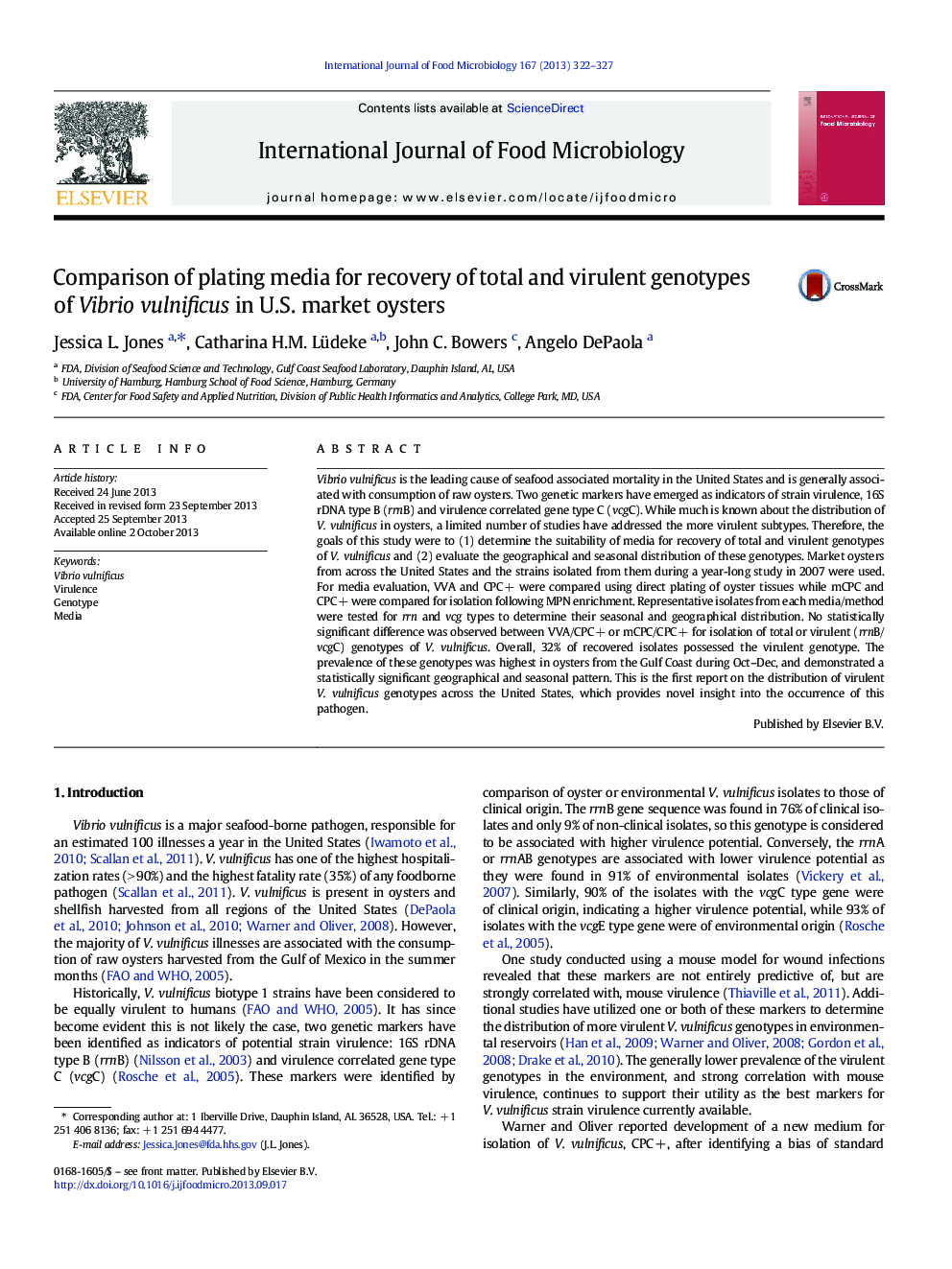 Comparison of plating media for recovery of total and virulent genotypes of Vibrio vulnificus in U.S. market oysters