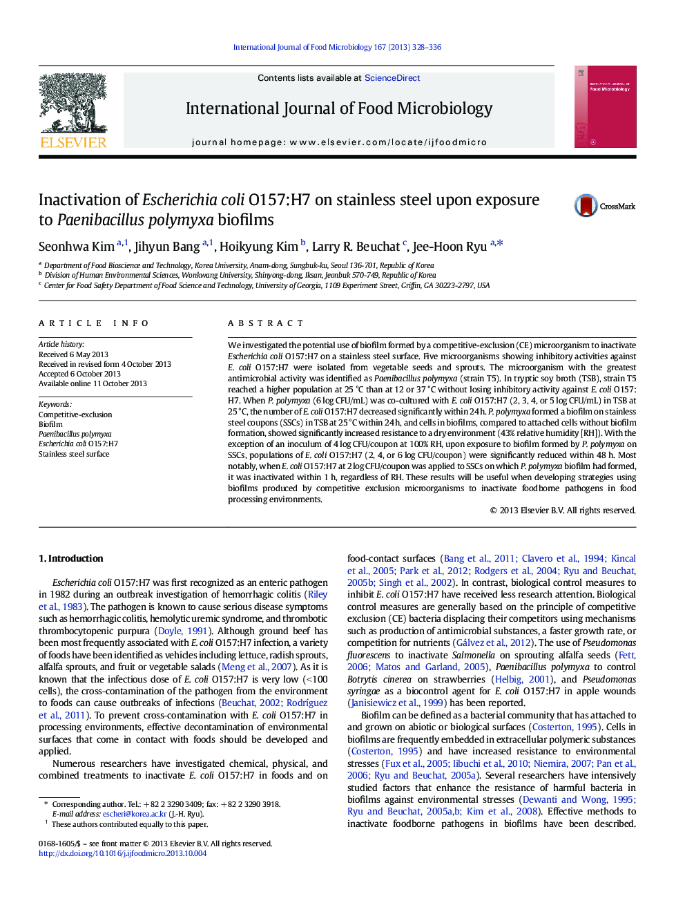 Inactivation of Escherichia coli O157:H7 on stainless steel upon exposure to Paenibacillus polymyxa biofilms