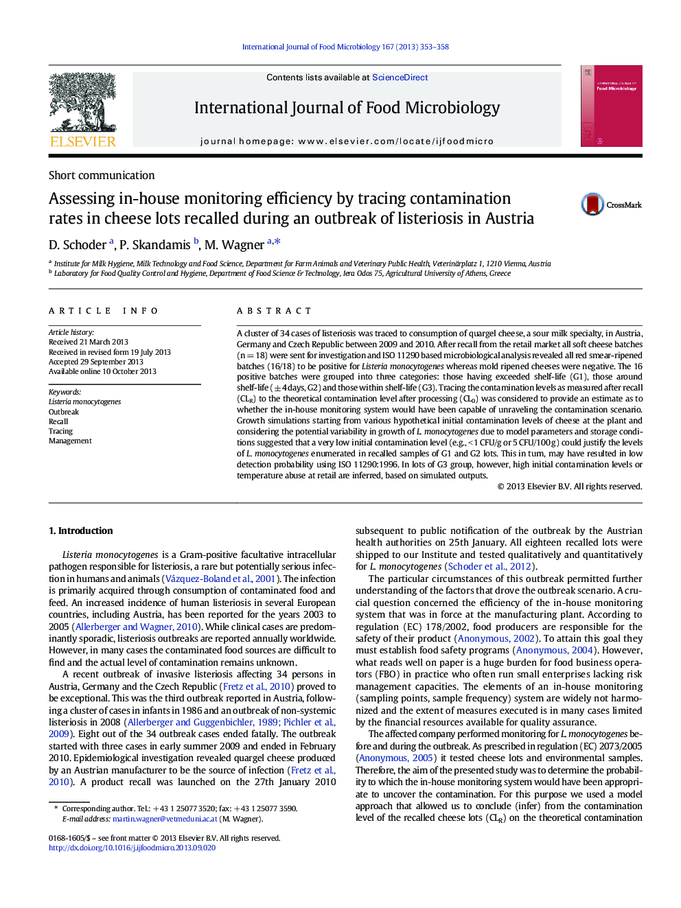 Assessing in-house monitoring efficiency by tracing contamination rates in cheese lots recalled during an outbreak of listeriosis in Austria