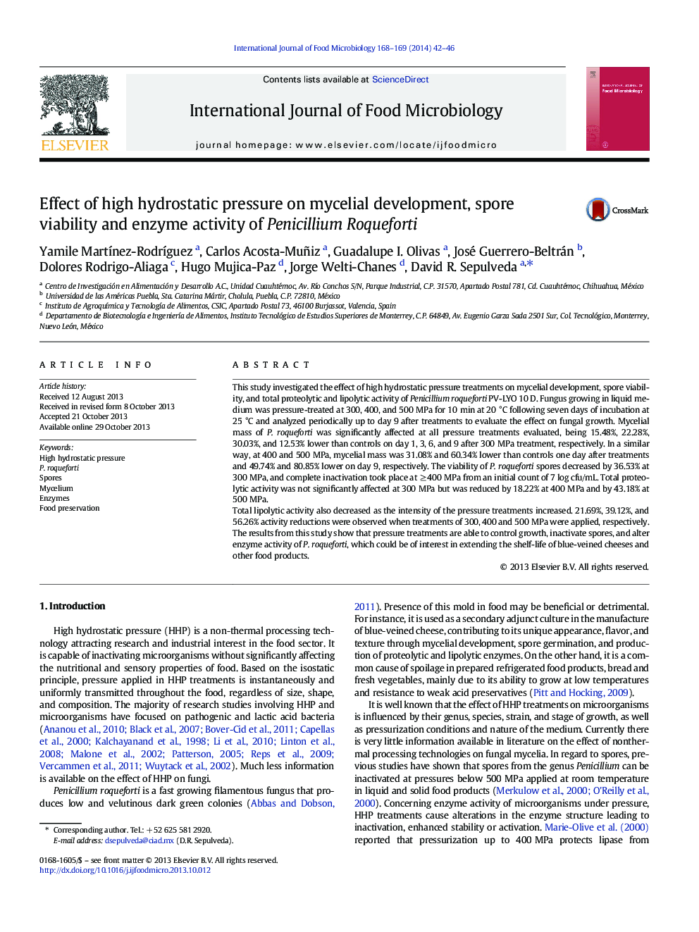 Effect of high hydrostatic pressure on mycelial development, spore viability and enzyme activity of Penicillium Roqueforti