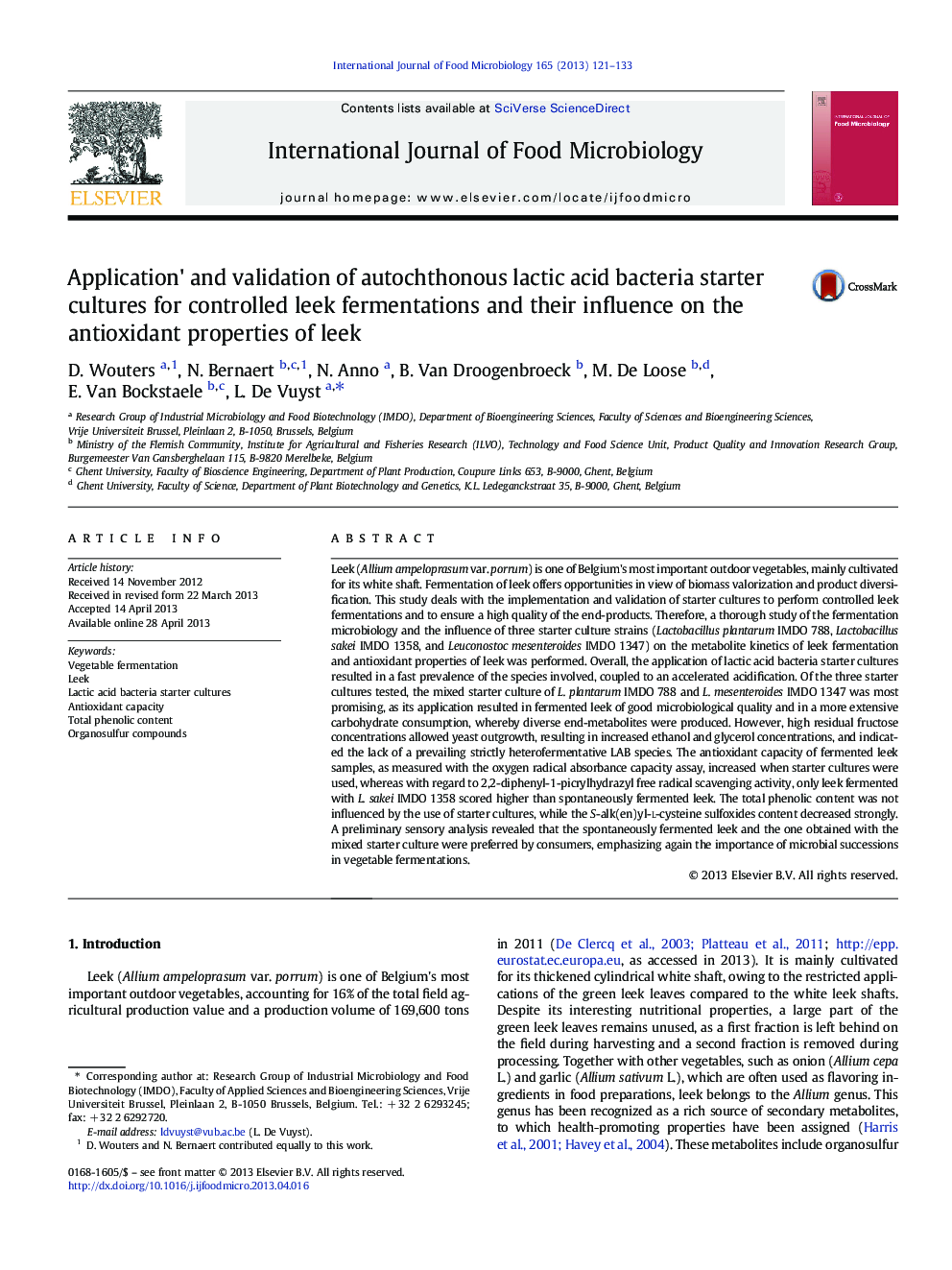 Application' and validation of autochthonous lactic acid bacteria starter cultures for controlled leek fermentations and their influence on the antioxidant properties of leek