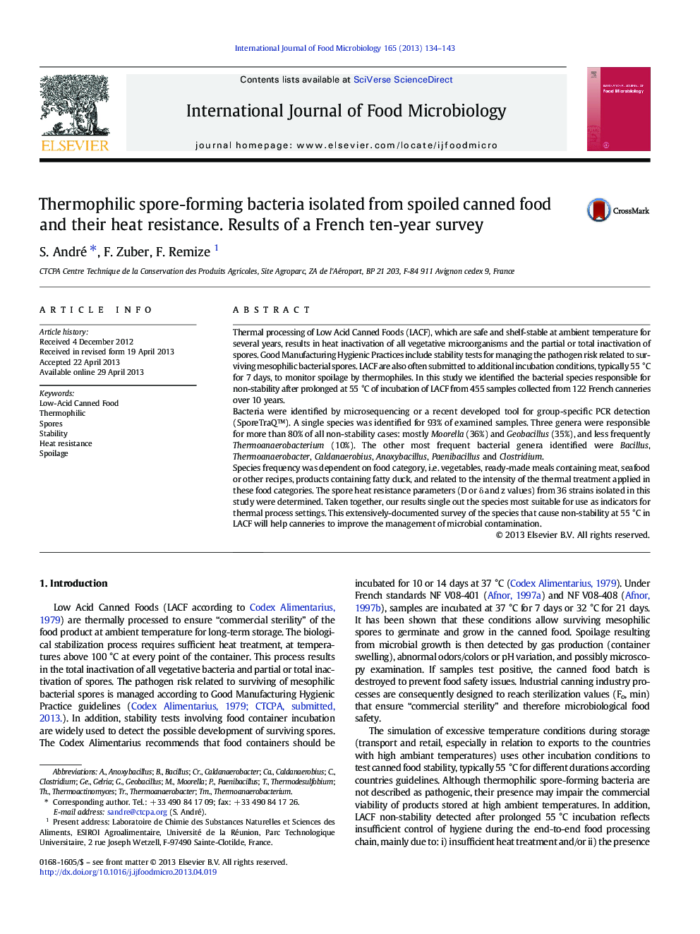 Thermophilic spore-forming bacteria isolated from spoiled canned food and their heat resistance. Results of a French ten-year survey