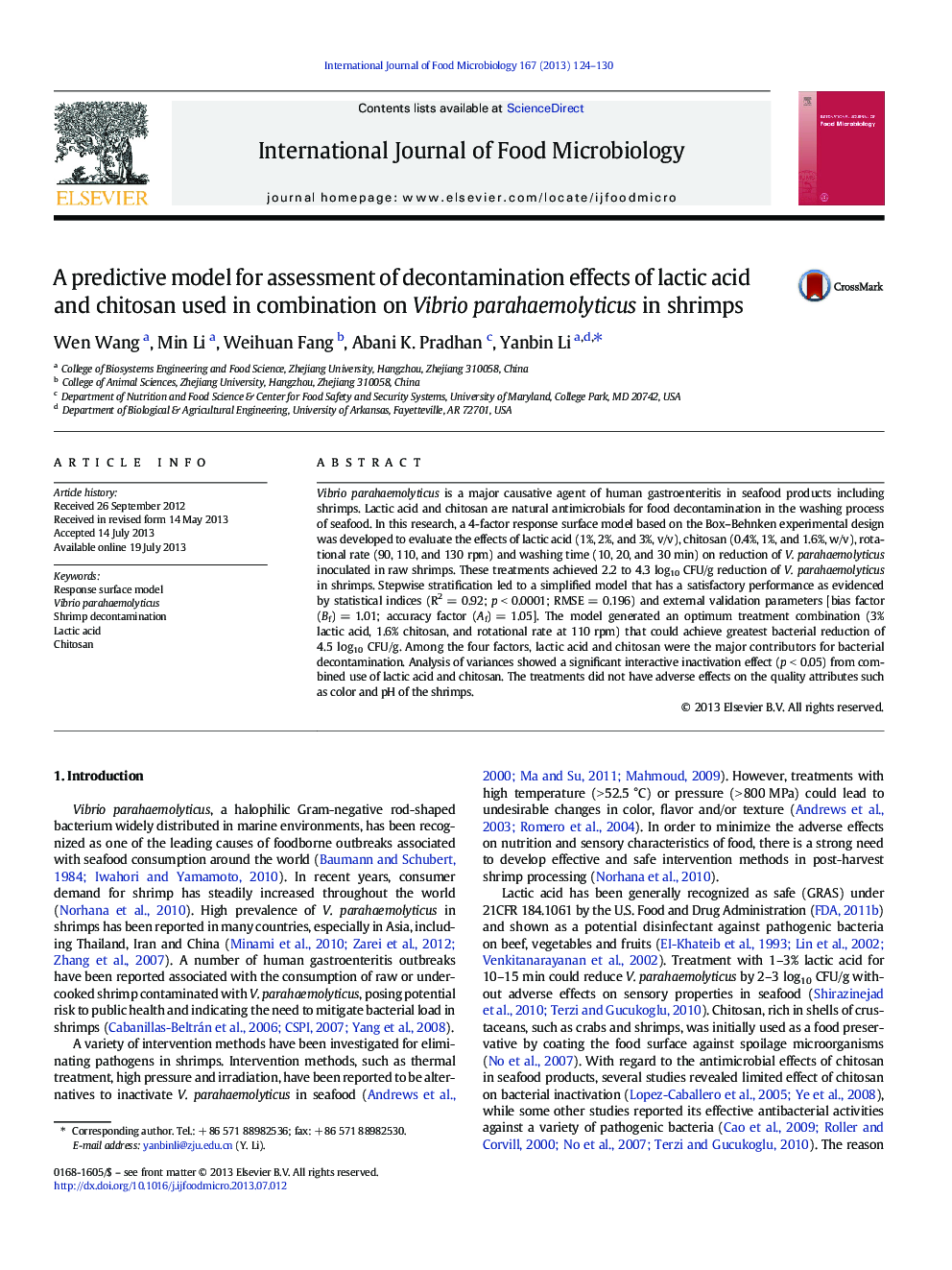 A predictive model for assessment of decontamination effects of lactic acid and chitosan used in combination on Vibrio parahaemolyticus in shrimps