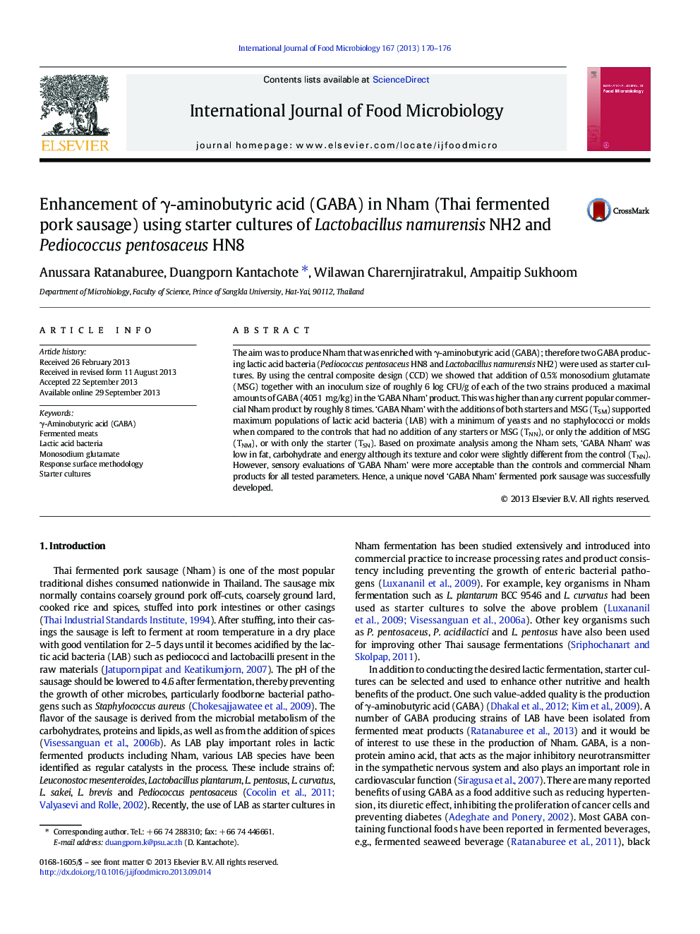 Enhancement of γ-aminobutyric acid (GABA) in Nham (Thai fermented pork sausage) using starter cultures of Lactobacillus namurensis NH2 and Pediococcus pentosaceus HN8