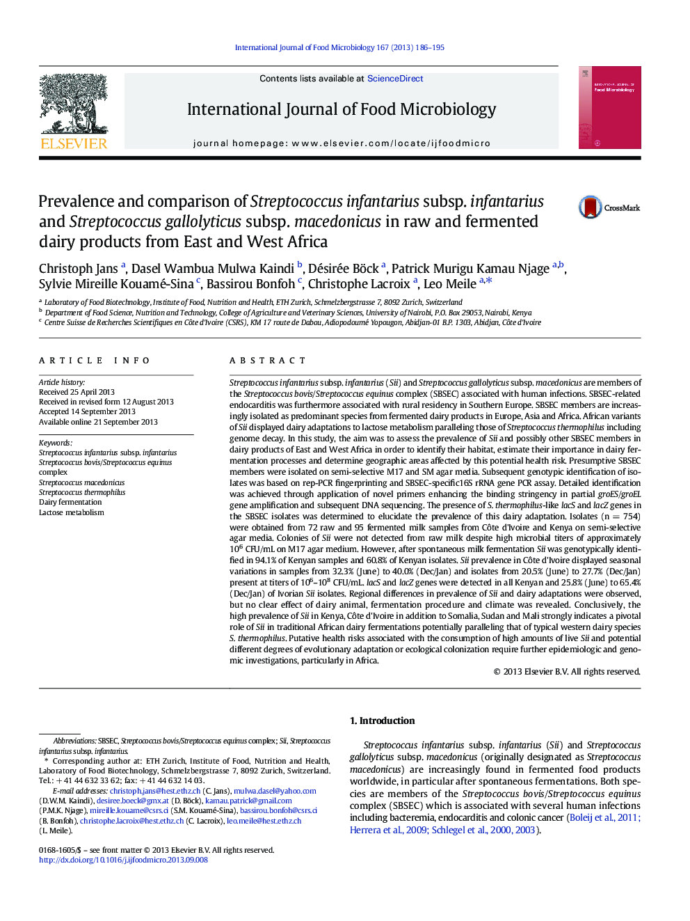 Prevalence and comparison of Streptococcus infantarius subsp. infantarius and Streptococcus gallolyticus subsp. macedonicus in raw and fermented dairy products from East and West Africa