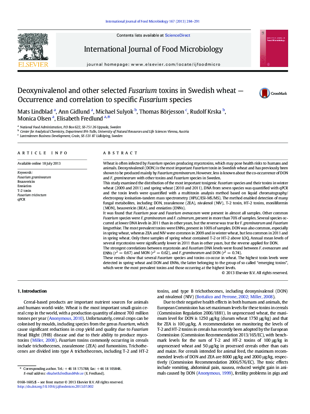 Deoxynivalenol and other selected Fusarium toxins in Swedish wheat — Occurrence and correlation to specific Fusarium species