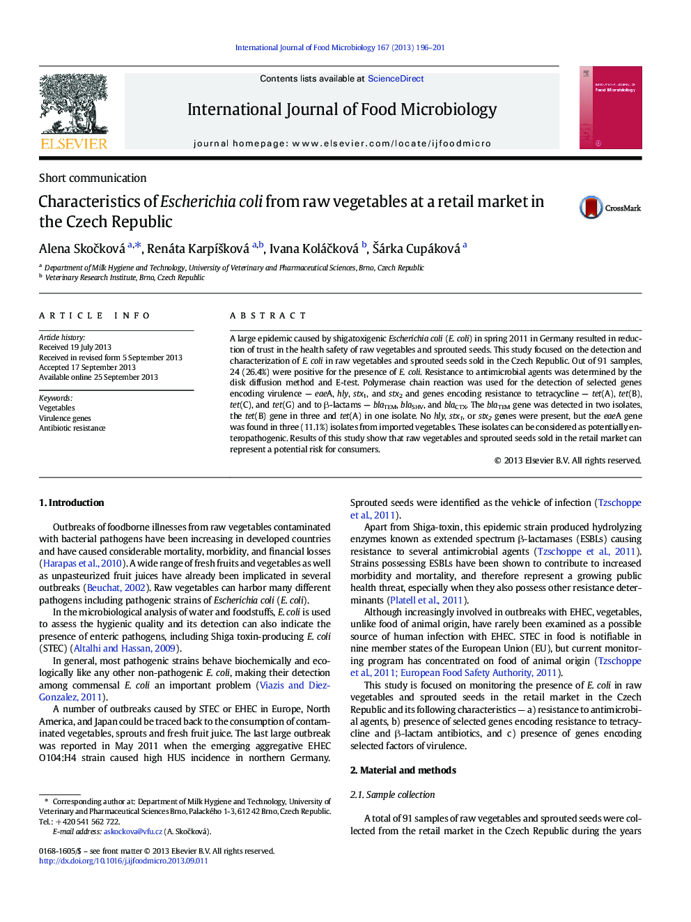 Characteristics of Escherichia coli from raw vegetables at a retail market in the Czech Republic