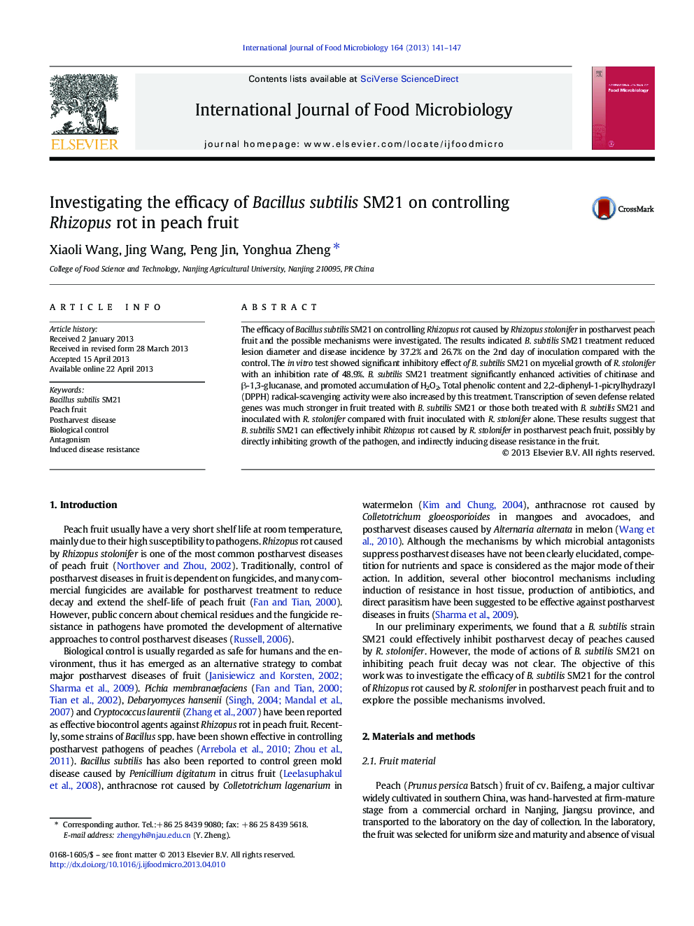 Investigating the efficacy of Bacillus subtilis SM21 on controlling Rhizopus rot in peach fruit