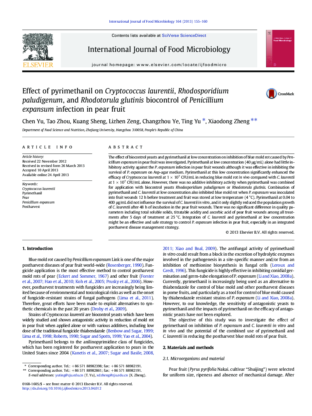 Effect of pyrimethanil on Cryptococcus laurentii, Rhodosporidium paludigenum, and Rhodotorula glutinis biocontrol of Penicillium expansum infection in pear fruit