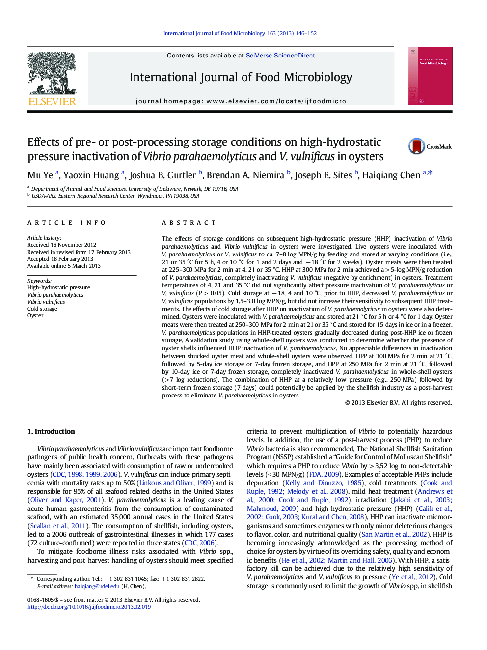 Effects of pre- or post-processing storage conditions on high-hydrostatic pressure inactivation of Vibrio parahaemolyticus and V. vulnificus in oysters