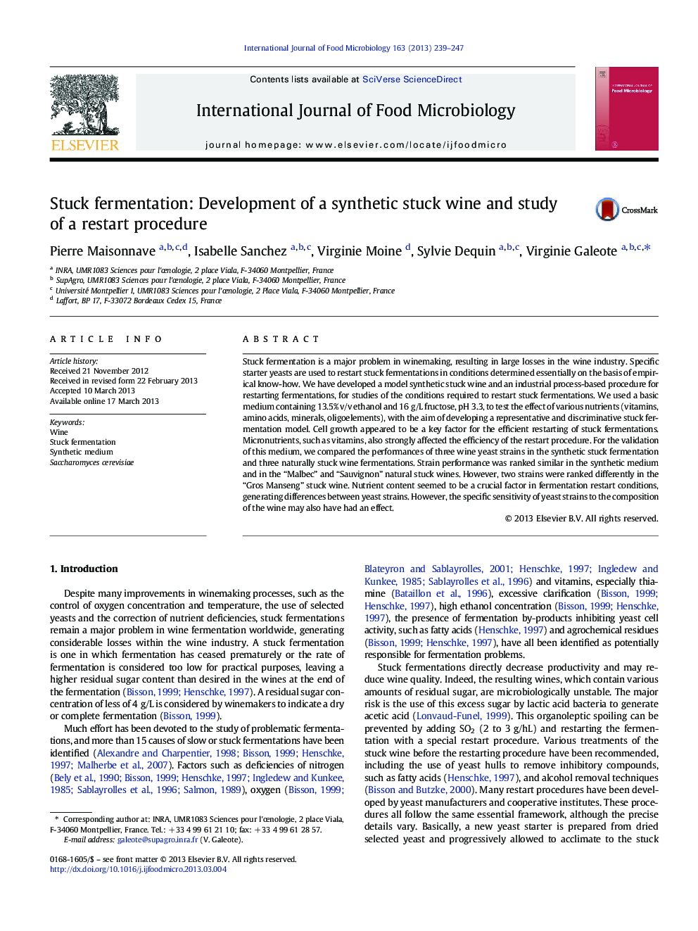 Stuck fermentation: Development of a synthetic stuck wine and study of a restart procedure