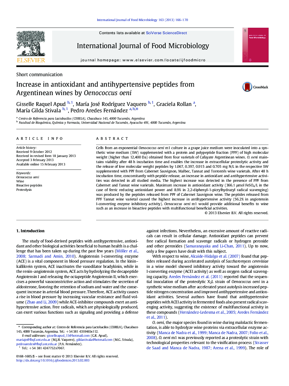 Increase in antioxidant and antihypertensive peptides from Argentinean wines by Oenococcus oeni