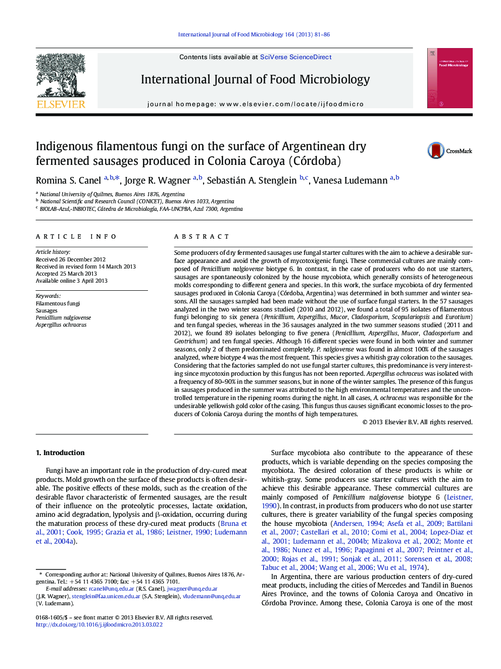 Indigenous filamentous fungi on the surface of Argentinean dry fermented sausages produced in Colonia Caroya (Córdoba)