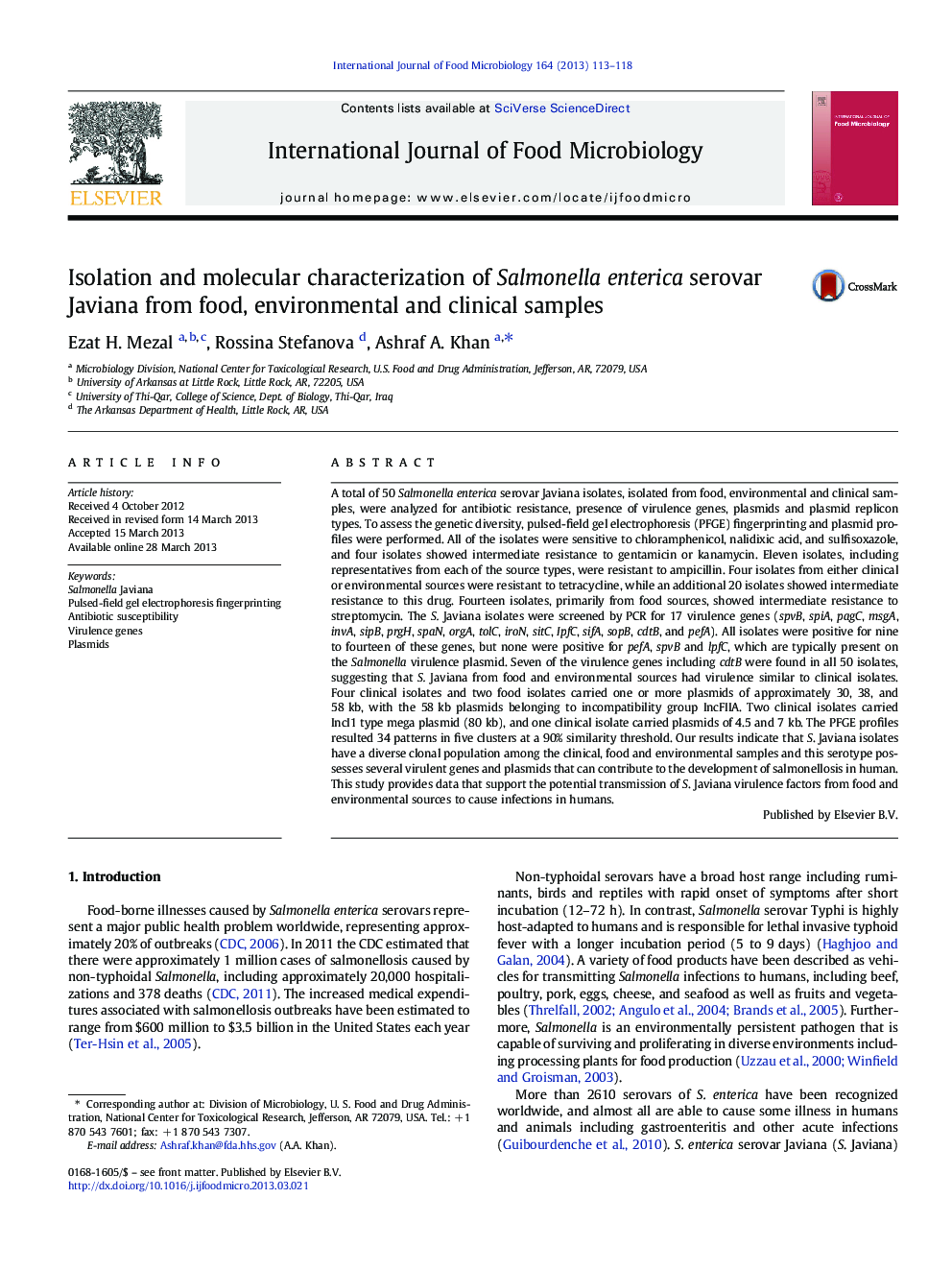 Isolation and molecular characterization of Salmonella enterica serovar Javiana from food, environmental and clinical samples