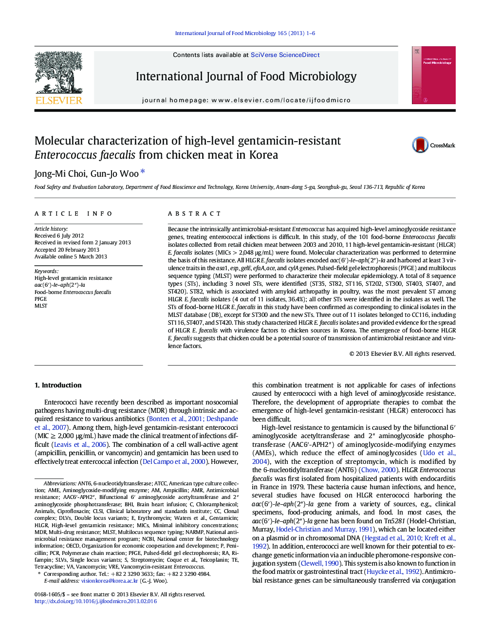 Molecular characterization of high-level gentamicin-resistant Enterococcus faecalis from chicken meat in Korea