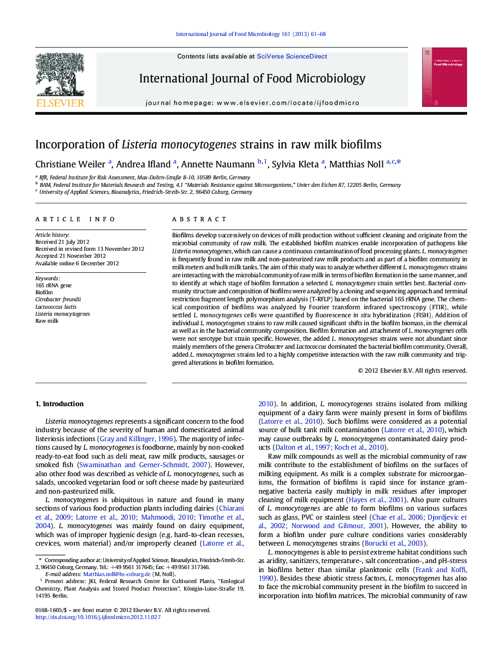 Incorporation of Listeria monocytogenes strains in raw milk biofilms