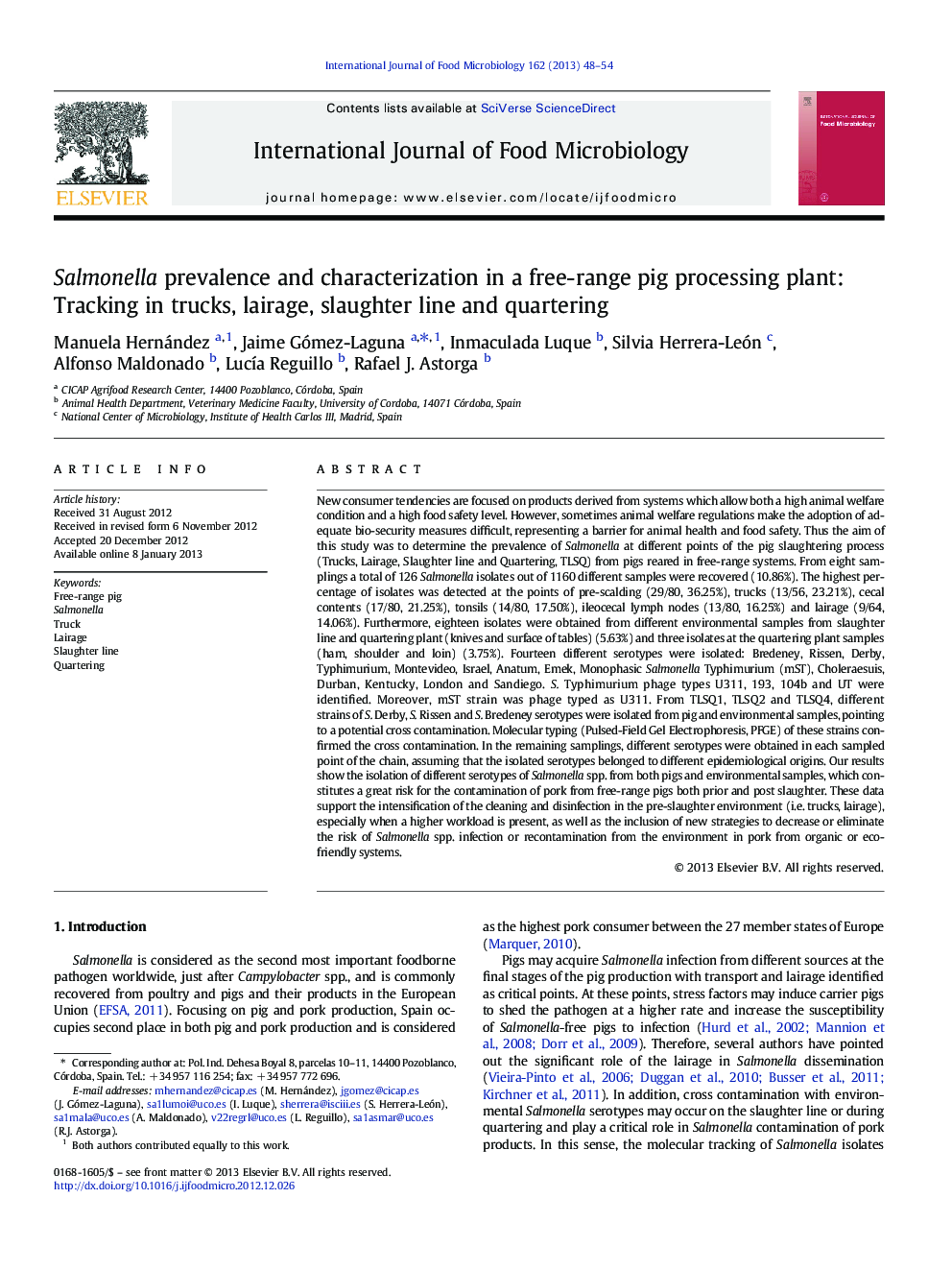 Salmonella prevalence and characterization in a free-range pig processing plant: Tracking in trucks, lairage, slaughter line and quartering